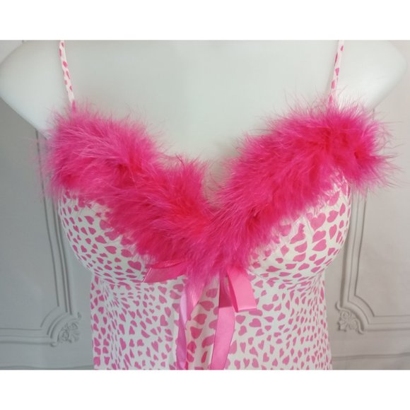 NWOT Cinema Etoile Pink Hearts Babydoll Fur trim Barbie Pink 2 Piece Set Sz S - Picture 2 of 8